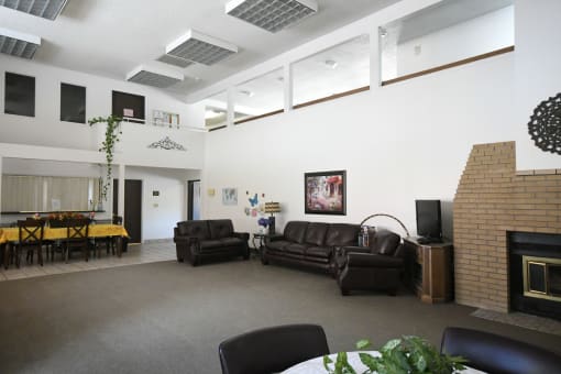 a living room with leather furniture and a fireplace