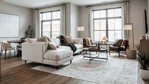 A living room with a white sofa, a wooden coffee table, and a rug on the floor.