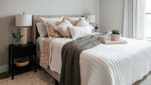 A bed with a white comforter and a grey throw is in the image.