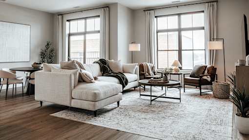 A modern living room with a large sofa, a coffee table, and a rug.