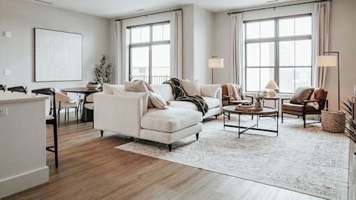 A living room with a white sofa and a rug.