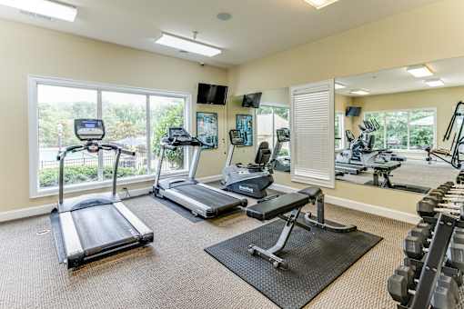 A gym with treadmills, elliptical machines, and dumbbells.