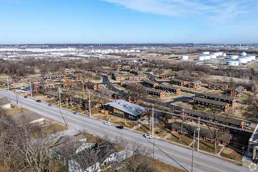 A small town with a road running through it. at Blacklark Apartments, Kansas City, KS, 66101