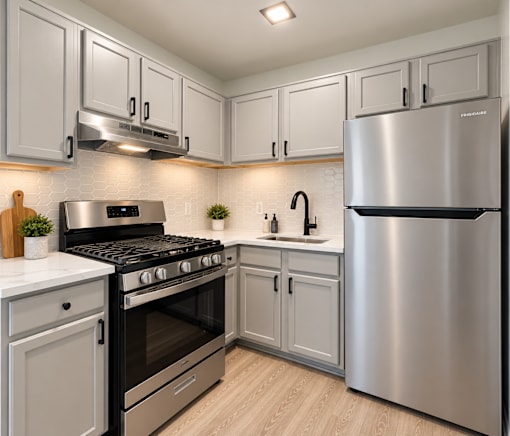 Modern kitchen with stainless steel appliances at The Wyman Hills AHR LLC Apartments, Baltimore