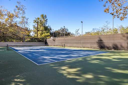 A tennis and basketball court with a net and trees in the background at The Aspens Fairhaven, Santa Ana, 92705