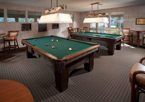 a game room with two pool tables