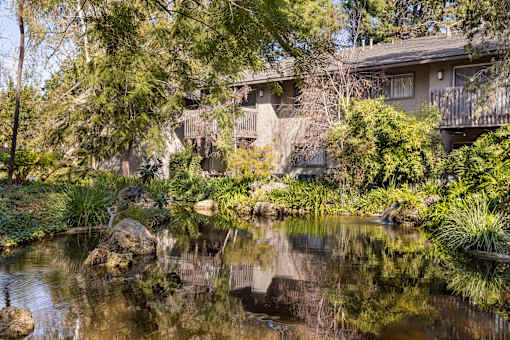 A lake in front of apartment homes surrounded by trees at The Aspens South Coast, California, 92504