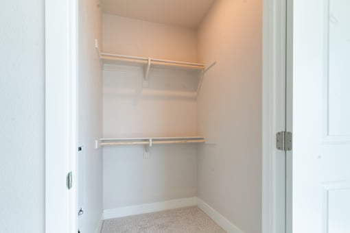 A white closet with shelves and a door.