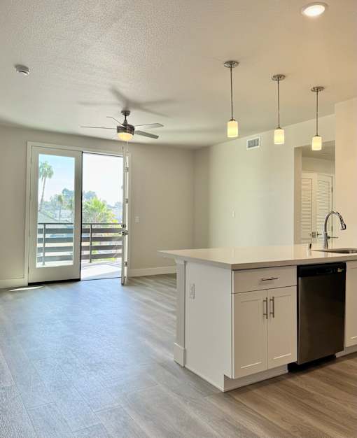 A modern kitchen with a dishwasher and a ceiling fan.