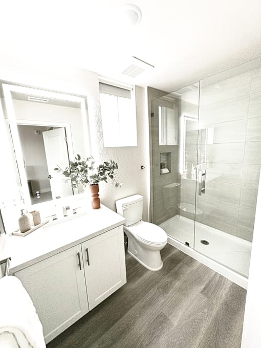 A bathroom with a toilet, sink, and mirror.