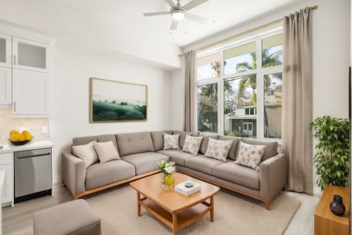 a living room with a couch and a coffee table
