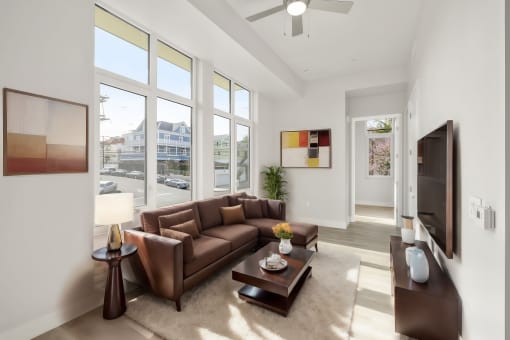 a living room with a couch and a coffee table