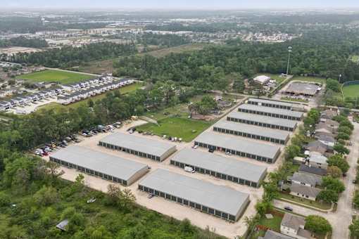 An aerial view of the Houston Premium Storage facility showing multiple buildings and exterior parking..