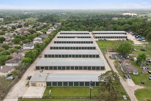 An aerial view of the Houston Premium Storage facility showing multiple buildings and main entrance..