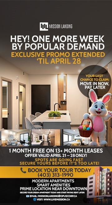 A promotional poster for Mission Landing apartments, featuring a bunny mascot and an offer for free rent for the first month on a 13-month lease.