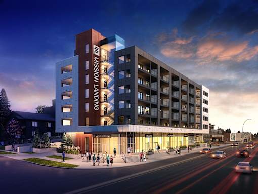 A modern building with the words "MISSION LANDING" on its side is depicted.