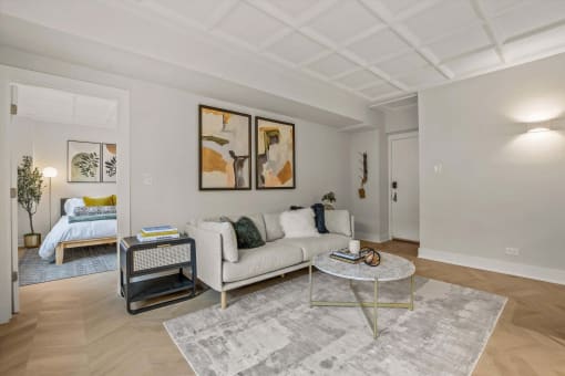 a living room with a couch and a coffee table