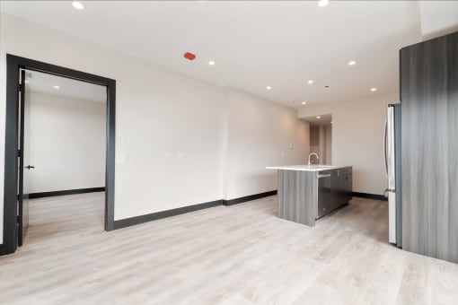 a large room with a kitchen and a door to a closet