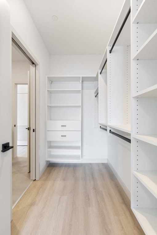a large white closet with shelves and a door