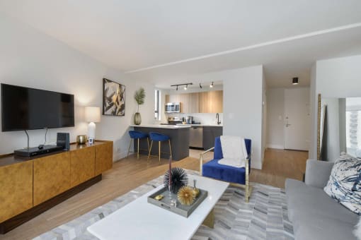 a living room with a couch and a table