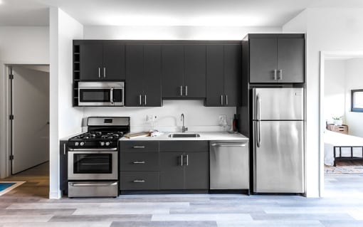 a renovated kitchen with black cabinets and stainless steel appliances