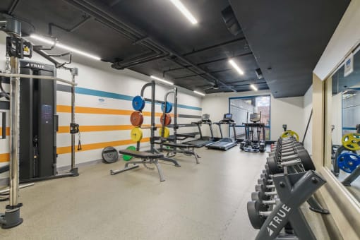 the gym is equipped with weights and cardio equipment at the apartments