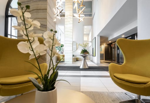 a lobby with yellow chairs and a vase with white flowers