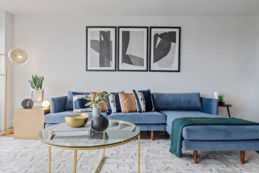 Blue couch on wall