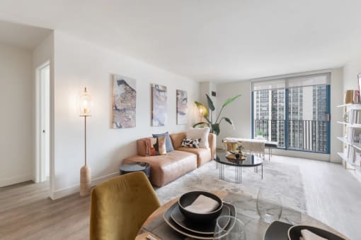 a living room with a couch and a table