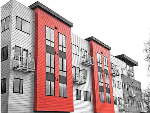 a rendering of three buildings with red and white