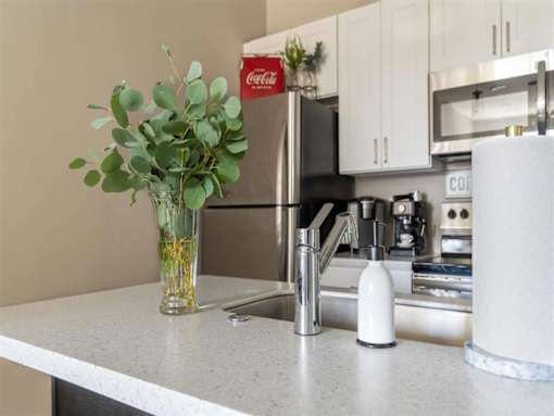 a kitchen counter with a vase of flowers on it