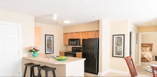 Well equipped ktichen with breakfast bar, black appliances, and view down hallway towards bedroom Well equipped ktichen with breakfast bar, black appliances, and view down hallway towards bedroom