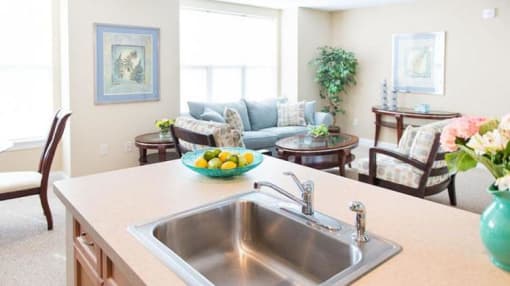 View of great room from kitchen showing large living area, bright windows, and part of dining area View of great room from kitchen showing large living area, bright windows, and part of dining area
