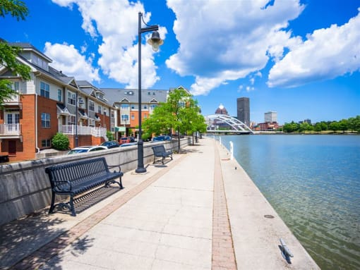 View from Genesee Riverway Trail in front of Corn Hill Landing looking towards downtown Rochester View from Genesee Riverway Trail in front of Corn Hill Landing looking towards downtown Rochester