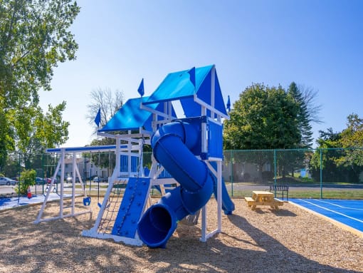 a playground with a blue playset and a slide