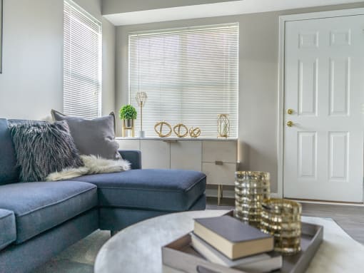 a living room with a blue couch and a table with books