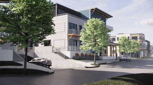 Artist rendering of the exterior of Westport Crossing and the entrance to the underground parking lot for buildings 1 & 2
