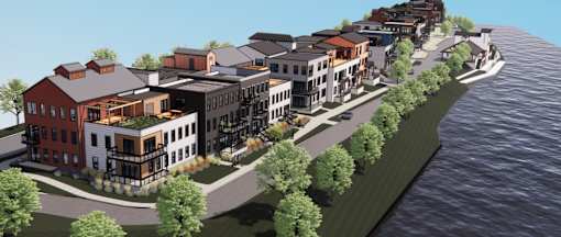 Artist rendering of an aerial view of Westport Crossing along the Erie Canal from above Monroe Avenue