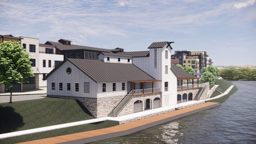 Artist rendering of the Westport Crossing Community Center, boat dock/launch and restaurant to be built in the future