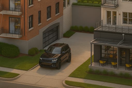 Artist rendering of vehicle exiting the underground parking garage between buildings 2 and 3