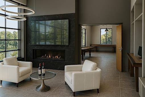 Artist rendering of the interior of the Community Center with fireplace, flat screen TV, gathering areas, and view overlooking the Erie Canal