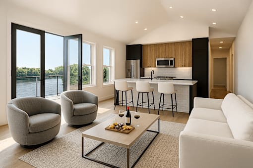 Artist rendering of Westport Crossing apartment living area and kitchen with breakfast bar with views of the Erie canal