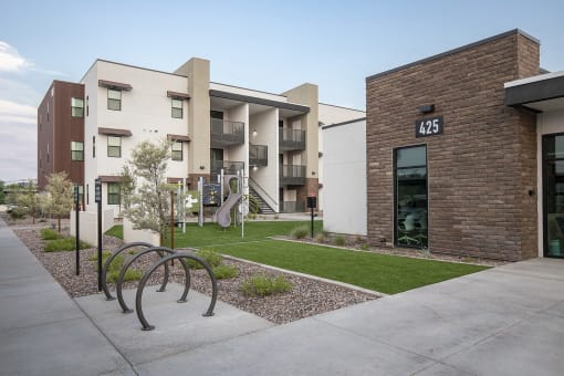 Bike rack and office entrance at New Frontier Apartments in Phoenix Arizona