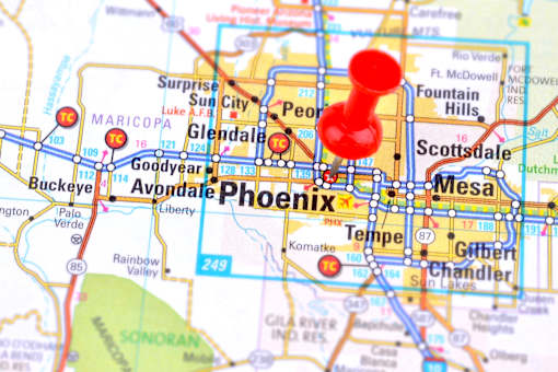 A map with a red pin marking Phoenix.