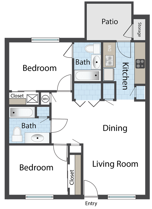 A floor plan of a house with a patio, kitchen, and two bathrooms.
