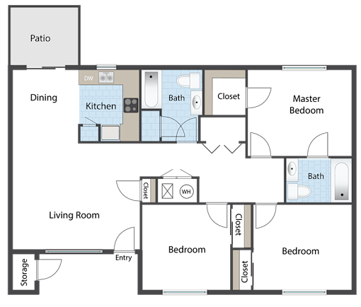 A floor plan of a house with a kitchen, bath, and patio.