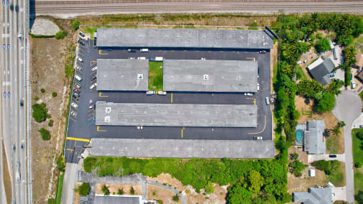 an aerial view of a parking lot from above