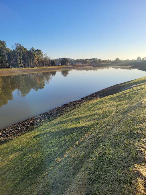 A serene landscape with a lake, grassy bank, and trees in the distance.