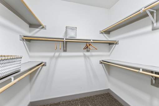 A white pantry with three shelves and a carpeted floor.