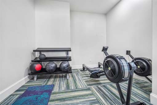 A room with a row of exercise bikes and a row of exercise balls.